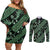 Indonesia Batik Pattern Couples Matching Off Shoulder Short Dress and Long Sleeve Button Shirt Green Version - Wonder Print Shop