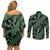 Indonesia Batik Pattern Couples Matching Off Shoulder Short Dress and Long Sleeve Button Shirt Green Version - Wonder Print Shop