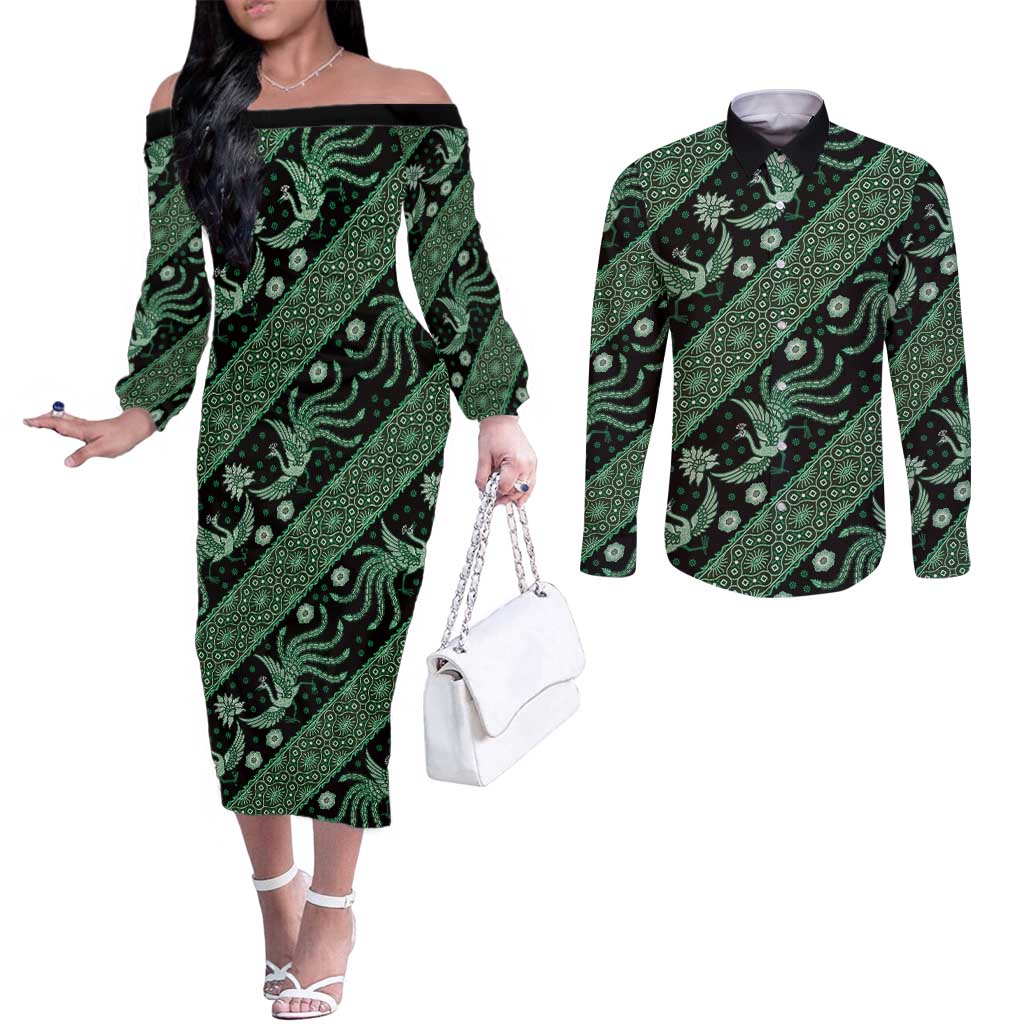 Indonesia Batik Pattern Couples Matching Off The Shoulder Long Sleeve Dress and Long Sleeve Button Shirt Green Version