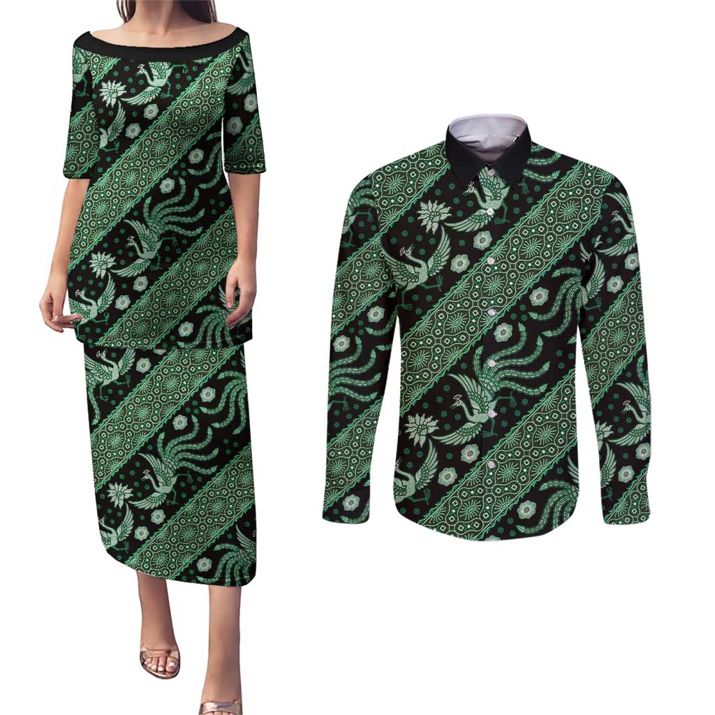 Indonesia Batik Pattern Couples Matching Puletasi and Long Sleeve Button Shirt Green Version - Wonder Print Shop