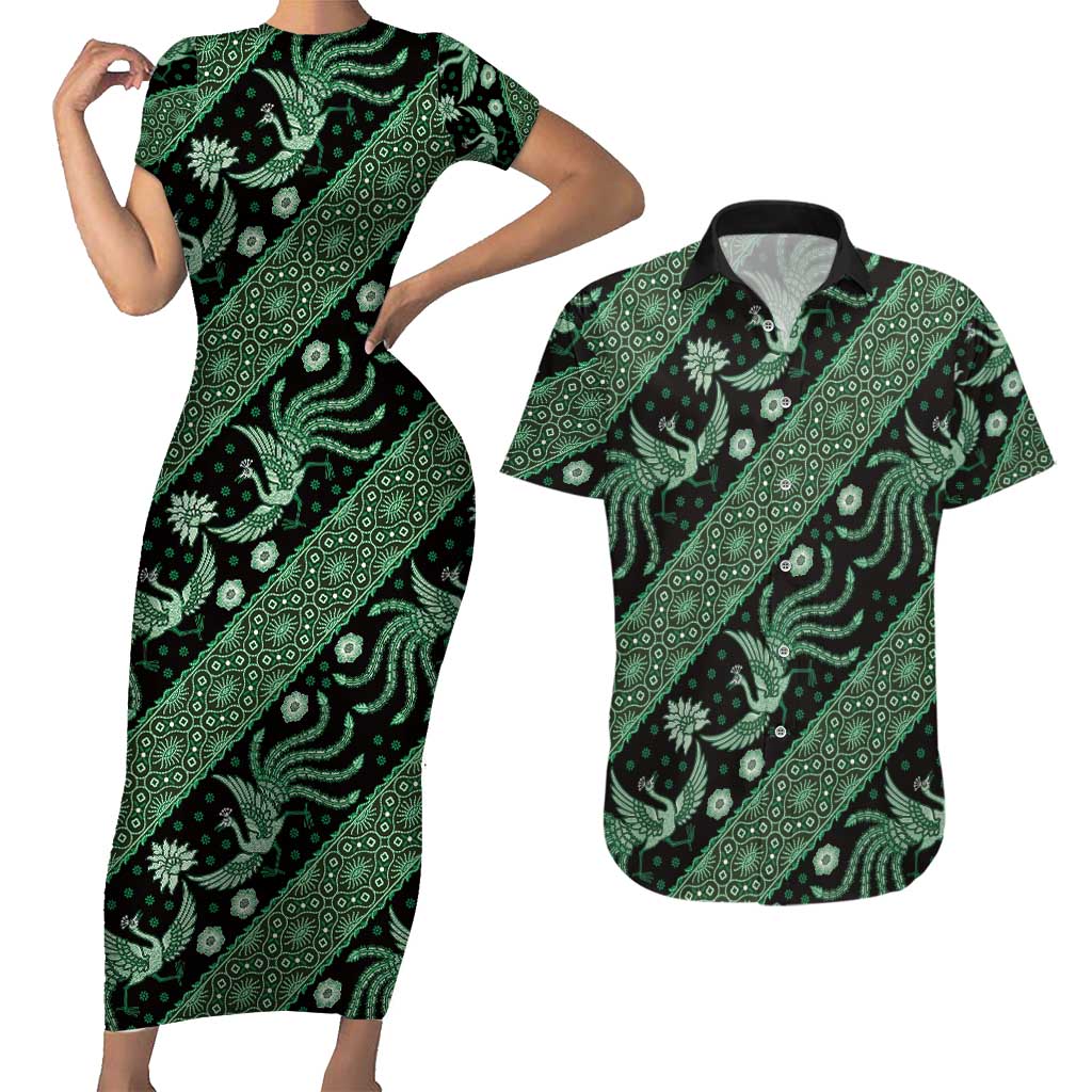 Indonesia Batik Pattern Couples Matching Short Sleeve Bodycon Dress and Hawaiian Shirt Green Version - Wonder Print Shop