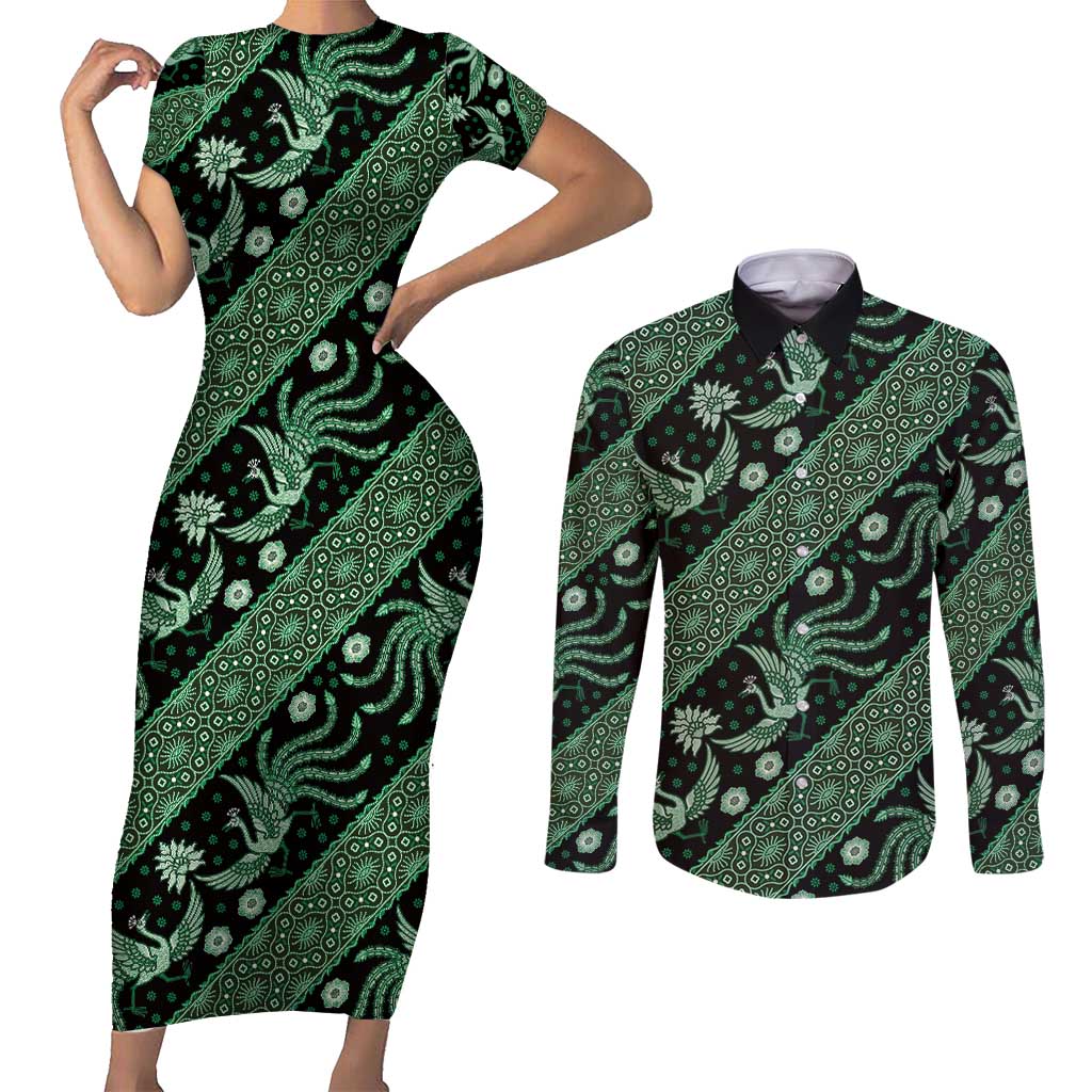 Indonesia Batik Pattern Couples Matching Short Sleeve Bodycon Dress and Long Sleeve Button Shirt Green Version - Wonder Print Shop