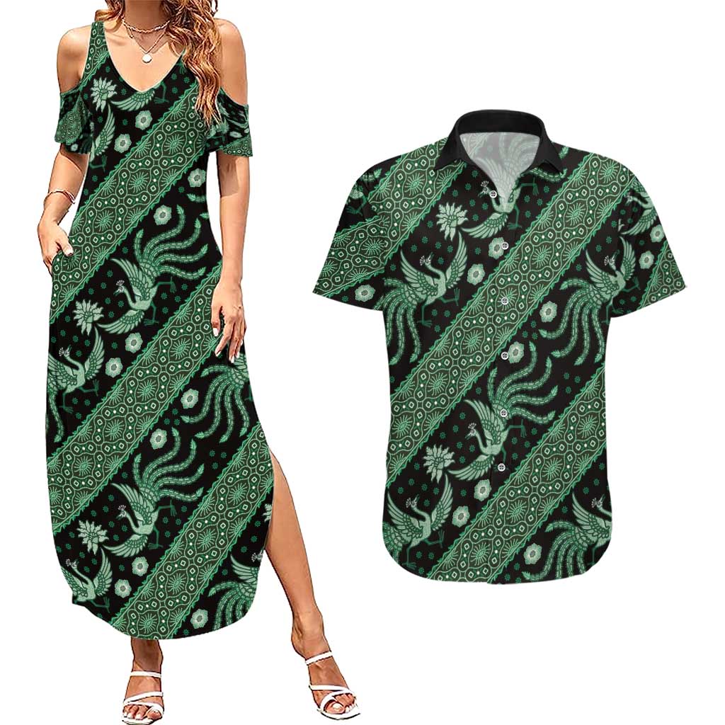 Indonesia Batik Pattern Couples Matching Summer Maxi Dress and Hawaiian Shirt Green Version - Wonder Print Shop