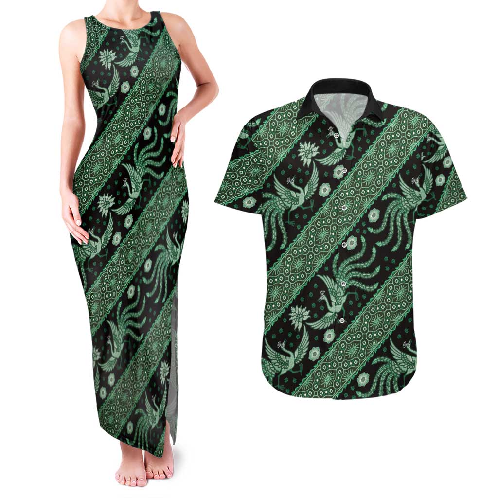 Indonesia Batik Pattern Couples Matching Tank Maxi Dress and Hawaiian Shirt Green Version - Wonder Print Shop