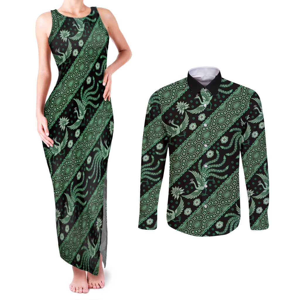 Indonesia Batik Pattern Couples Matching Tank Maxi Dress and Long Sleeve Button Shirt Green Version - Wonder Print Shop