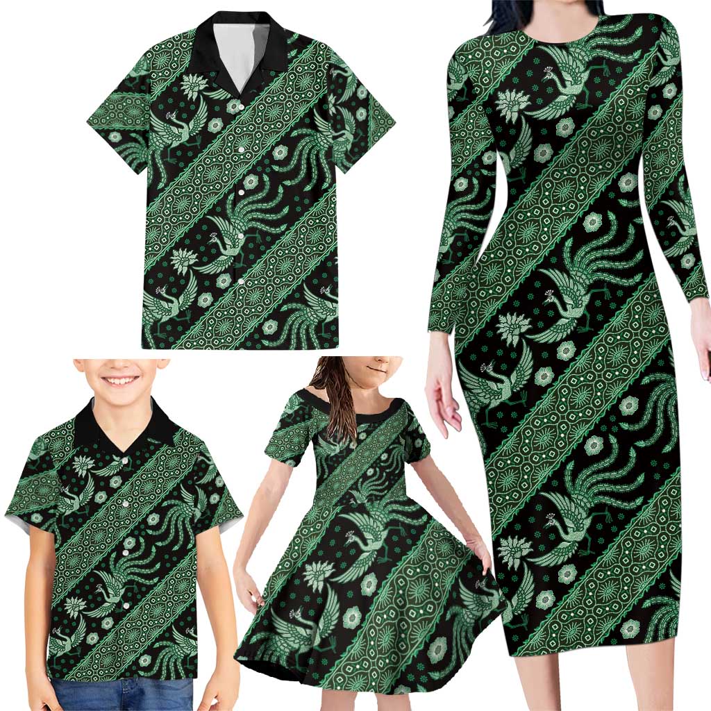 Indonesia Batik Pattern Family Matching Long Sleeve Bodycon Dress and Hawaiian Shirt Green Version - Wonder Print Shop