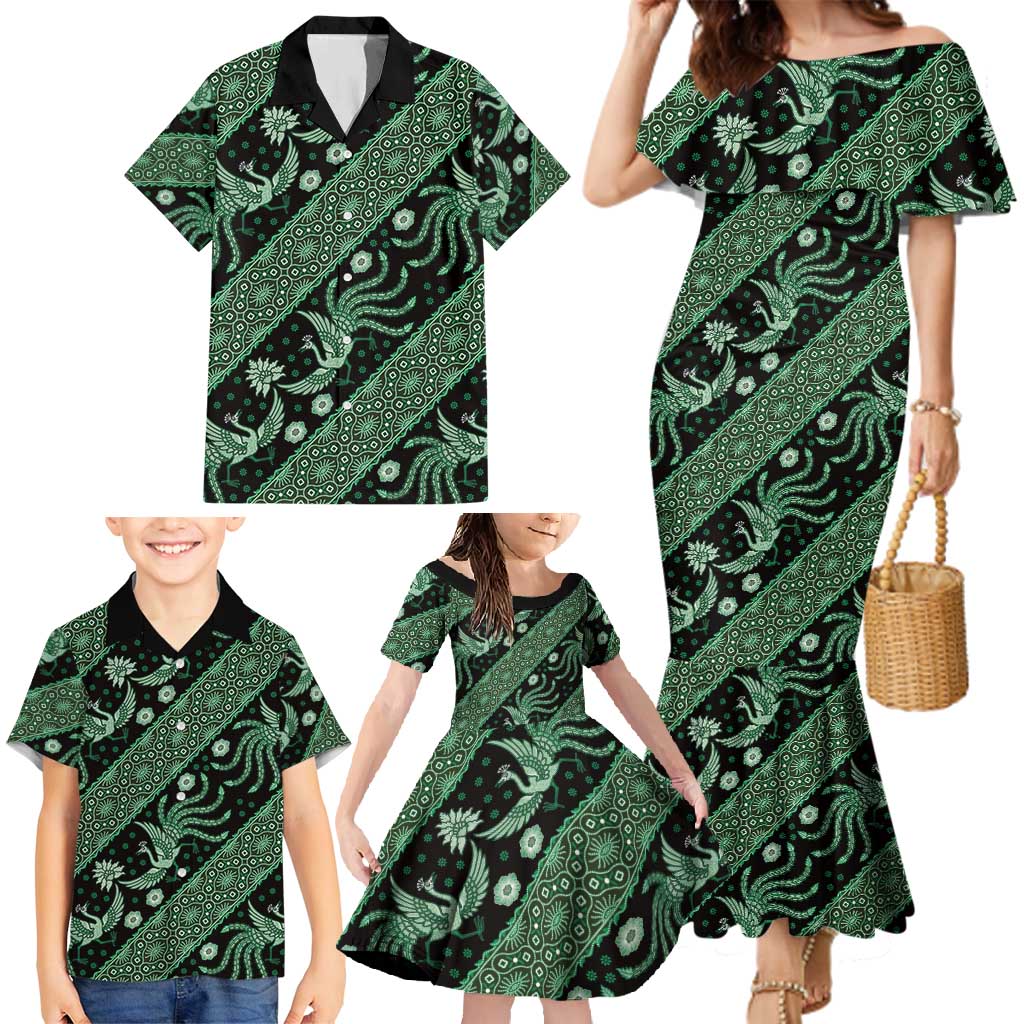 Indonesia Batik Pattern Family Matching Mermaid Dress and Hawaiian Shirt Green Version - Wonder Print Shop