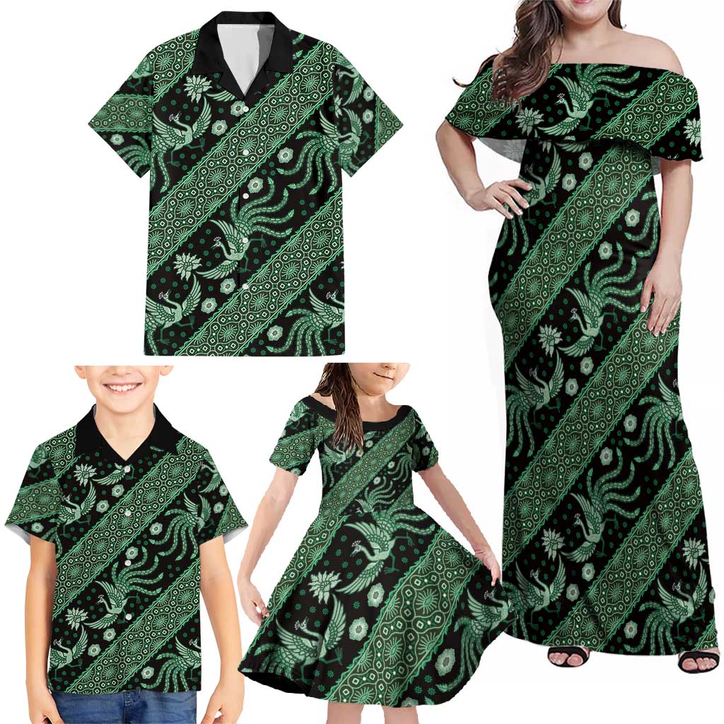 Indonesia Batik Pattern Family Matching Off Shoulder Maxi Dress and Hawaiian Shirt Green Version - Wonder Print Shop