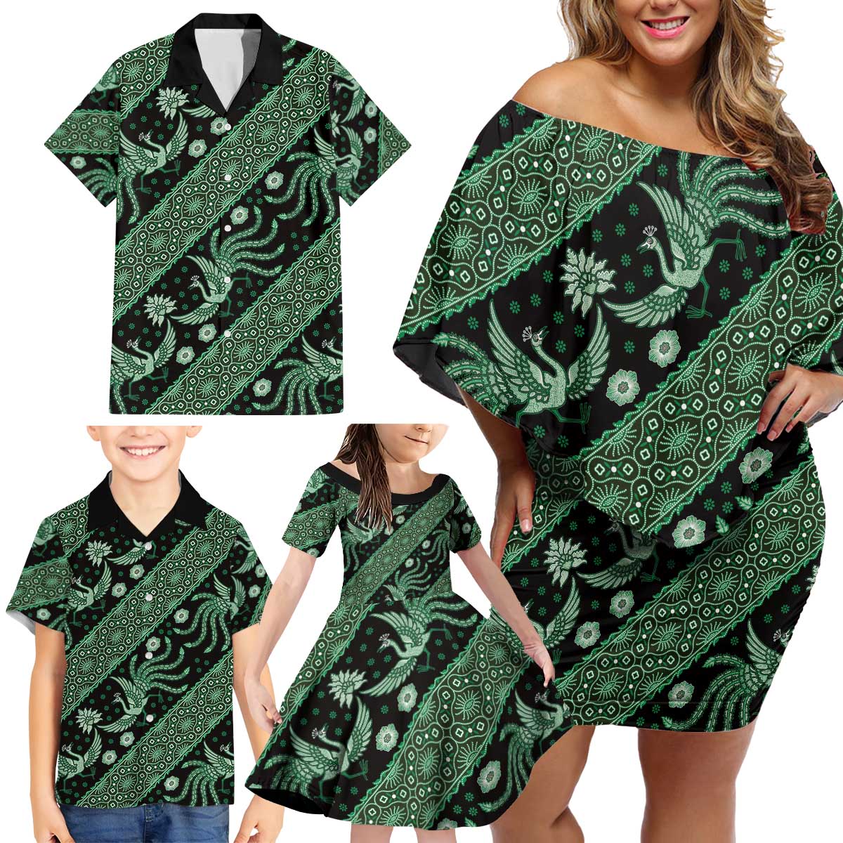 Indonesia Batik Pattern Family Matching Off Shoulder Short Dress and Hawaiian Shirt Green Version - Wonder Print Shop