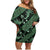 Indonesia Batik Pattern Family Matching Off Shoulder Short Dress and Hawaiian Shirt Green Version - Wonder Print Shop