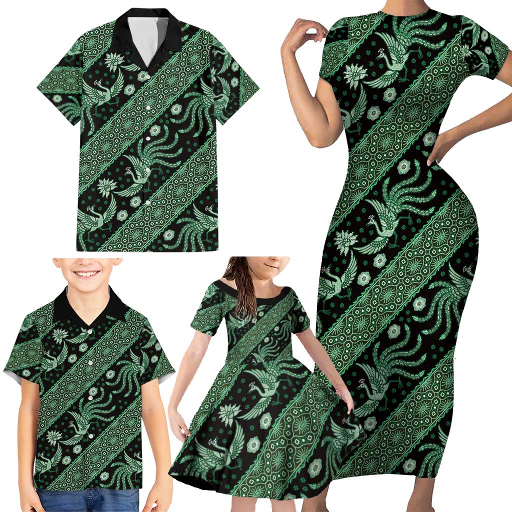 Indonesia Batik Pattern Family Matching Short Sleeve Bodycon Dress and Hawaiian Shirt Green Version - Wonder Print Shop