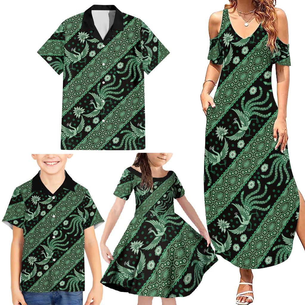 Indonesia Batik Pattern Family Matching Summer Maxi Dress and Hawaiian Shirt Green Version - Wonder Print Shop