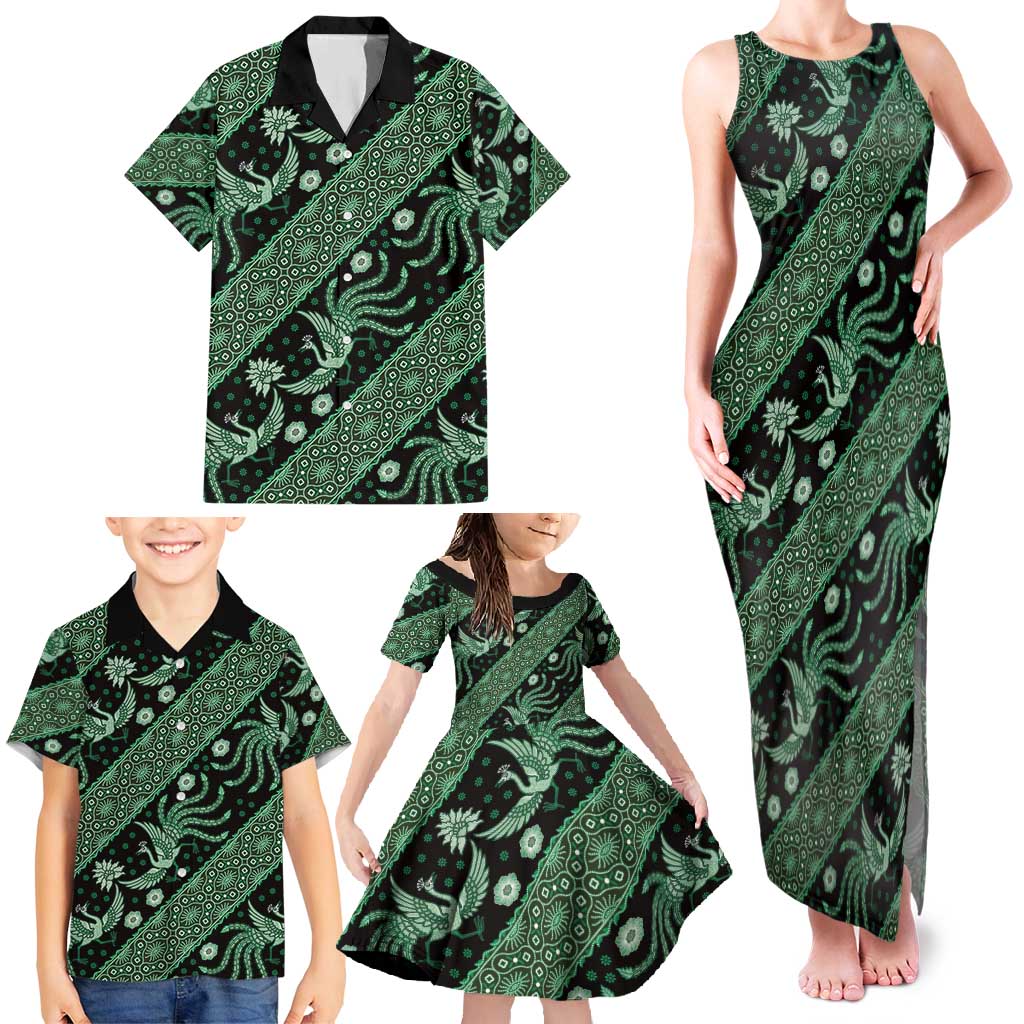 Indonesia Batik Pattern Family Matching Tank Maxi Dress and Hawaiian Shirt Green Version - Wonder Print Shop