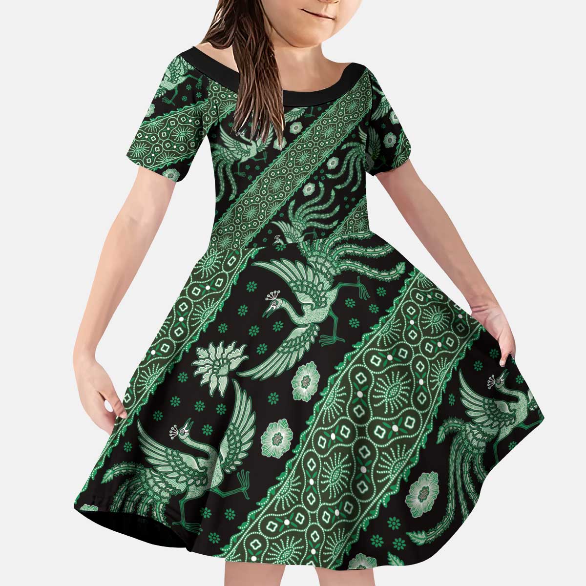 Indonesia Batik Pattern Kid Short Sleeve Dress Green Version - Wonder Print Shop