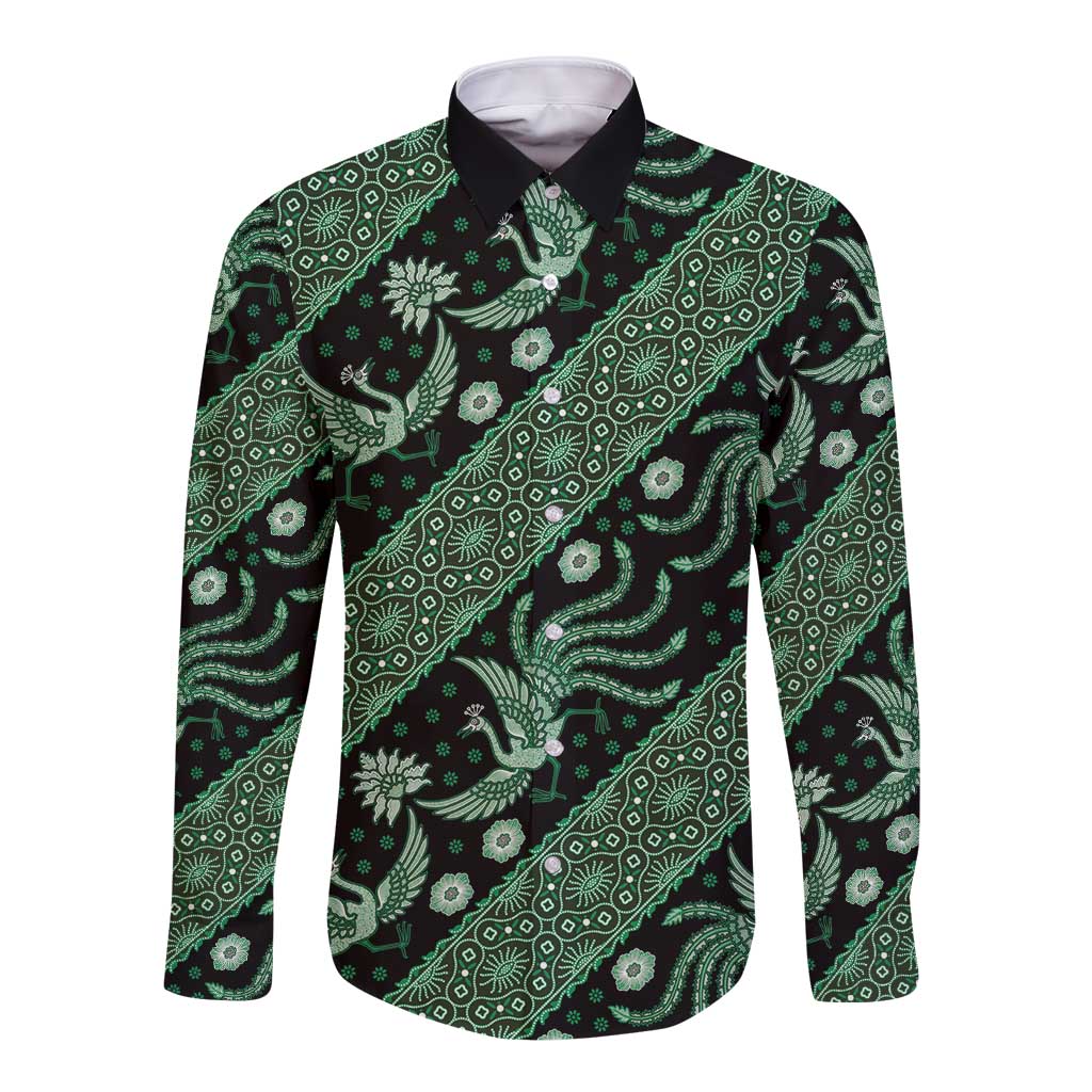Long-sleeve batik button shirt, green bird and floral diagonal pattern, dark base, button front