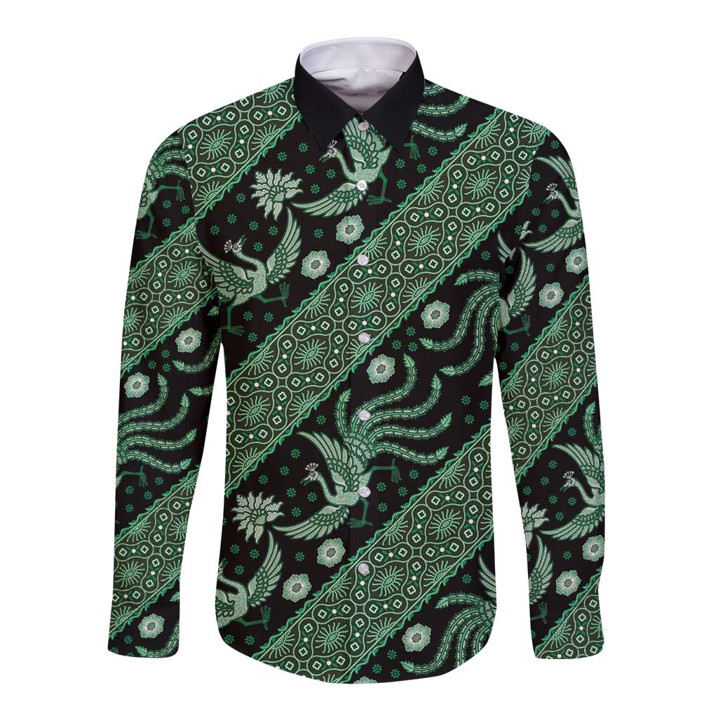 Indonesia Batik Pattern Long Sleeve Button Shirt Green Version - Wonder Print Shop