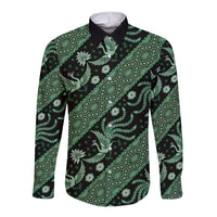 Long-sleeve batik button shirt, green bird and floral diagonal pattern, dark base, button front