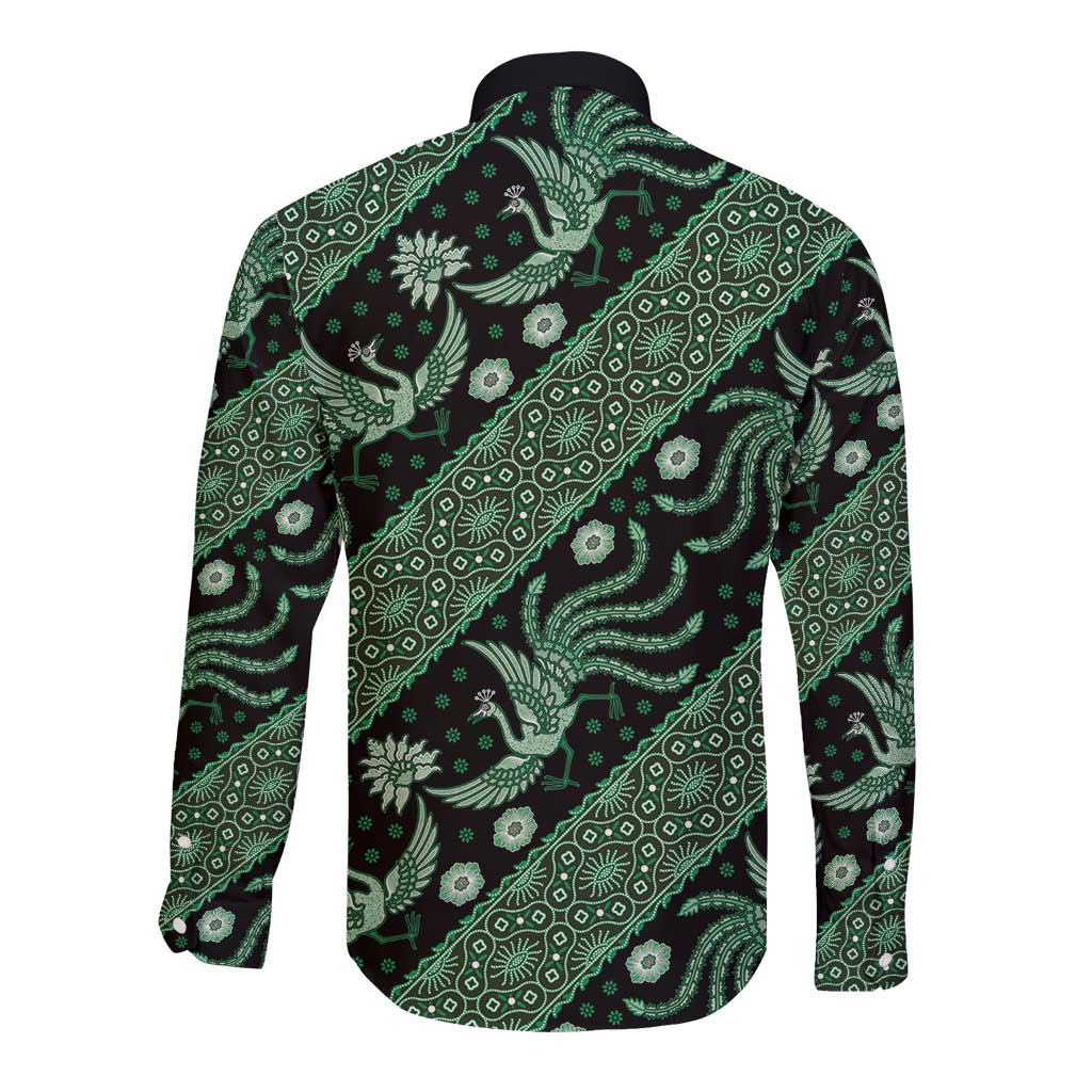 Long-sleeve batik button shirt, green bird floral pattern on dark base, stand collar