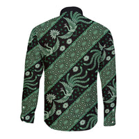 Long-sleeve batik button shirt, green bird floral pattern on dark base, stand collar