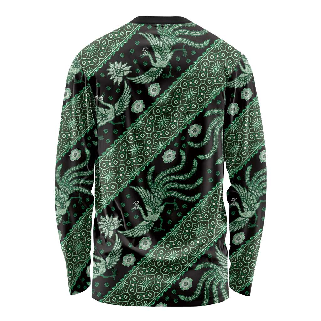 Green batik long-sleeve crewneck shirt with bird and floral motifs, black base