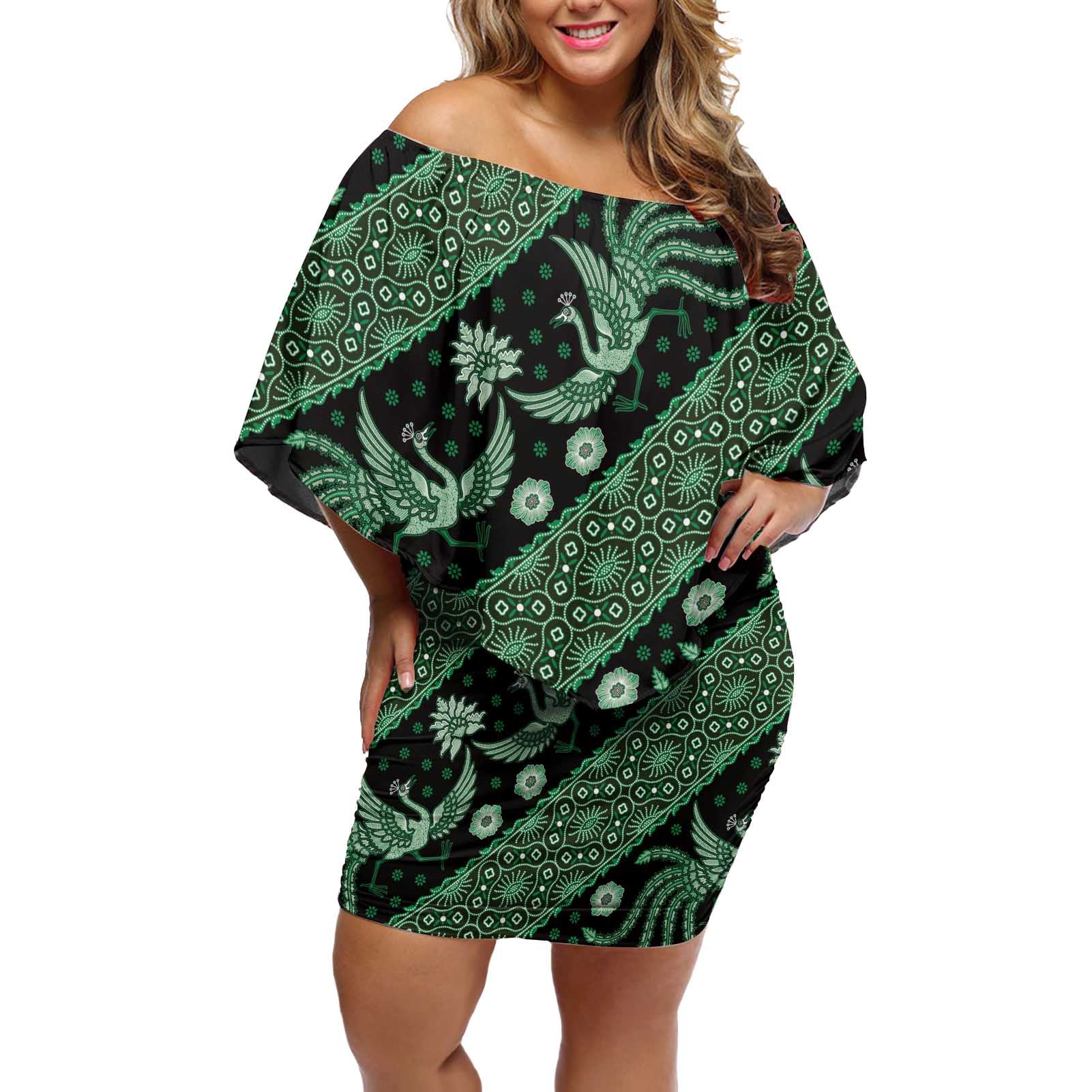 Indonesia Batik Pattern Off Shoulder Short Dress Green Version - Wonder Print Shop