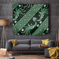 Green batik pattern tapestry with stylized bird and floral details in diagonal stripe design.