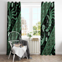 Green batik-pattern window curtain set with matching panels, bird and leaf motifs on dark fabric