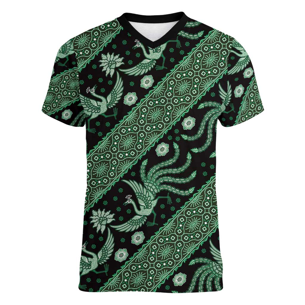 Indonesia Batik Pattern Women V-Neck T-Shirt Green Version - Wonder Print Shop