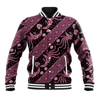 Pink batik pattern baseball jacket with striped rib collar, snap buttons, long sleeves.