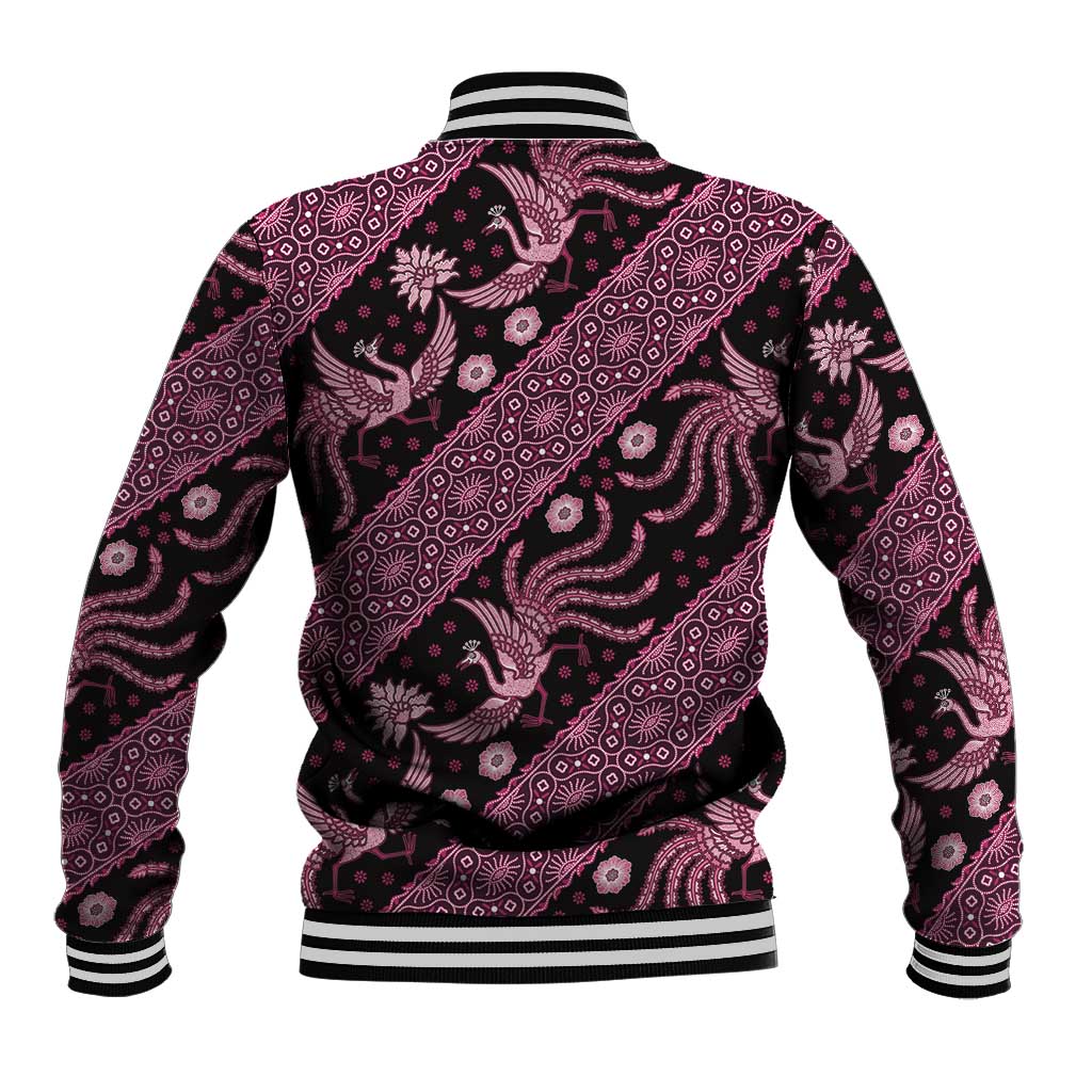Pink batik baseball jacket back view with striped hem and ribbed cuffs, long sleeves.