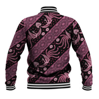 Pink batik baseball jacket back view with striped hem and ribbed cuffs, long sleeves.