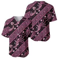 Pink batik pattern baseball jersey, front with button placket and V-collar