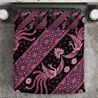 Pink batik pattern duvet cover and pillowcases set with bird and floral motifs