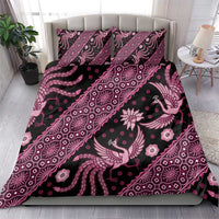 Pink and purple batik bedding set with two pillowcases and patterned duvet cover
