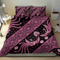 Pink and purple batik pattern bedding set with matching pillowcases and duvet cover