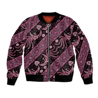 Pink batik pattern bomber jacket with front zipper, ribbed collar and cuffs