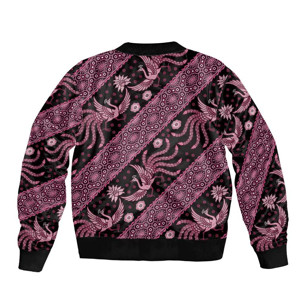 Pink batik pattern bomber jacket, ribbed collar and hem with bird motifs