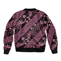 Pink batik pattern bomber jacket, ribbed collar and hem with bird motifs
