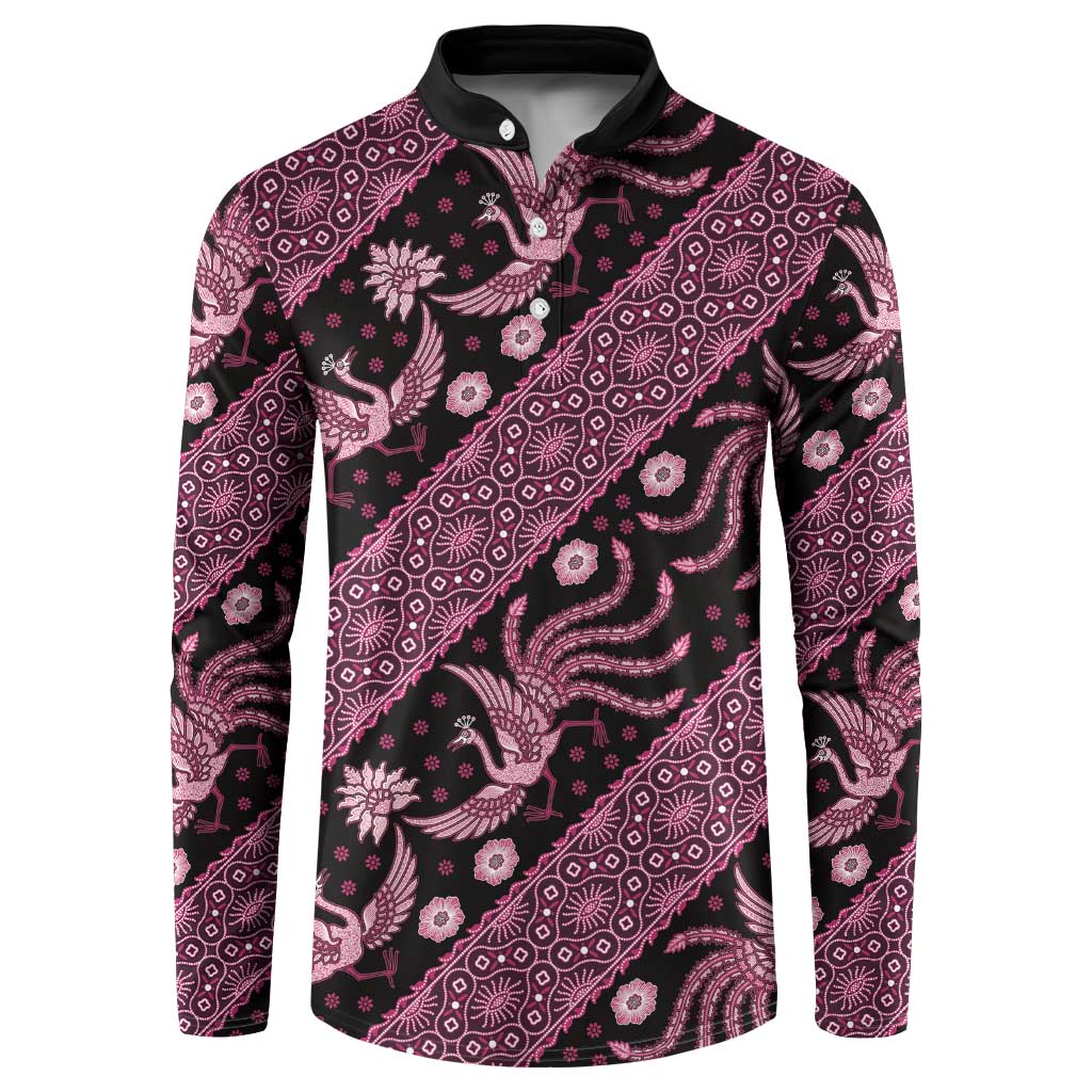 Pink-and-black batik button sweatshirt, full front view, long sleeves, button placket