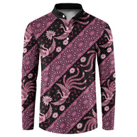 Pink-and-black batik button sweatshirt, full front view, long sleeves, button placket