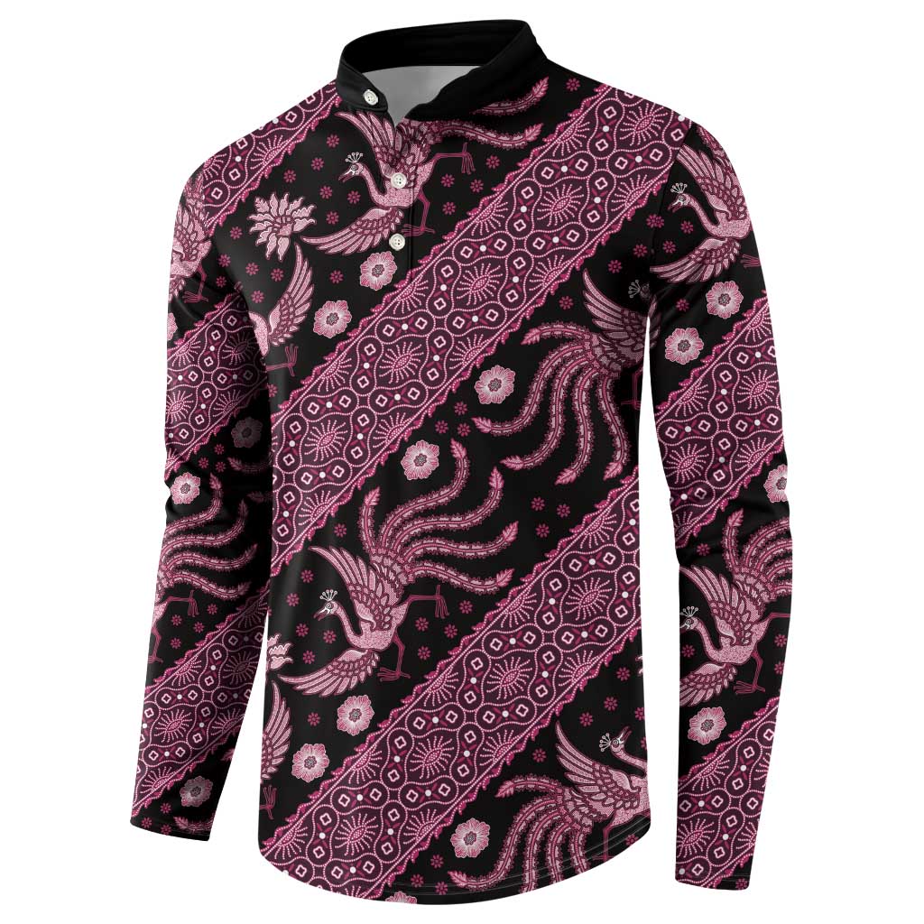 Pink-and-black batik button sweatshirt with standing collar and long sleeves