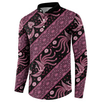 Pink-and-black batik button sweatshirt with standing collar and long sleeves