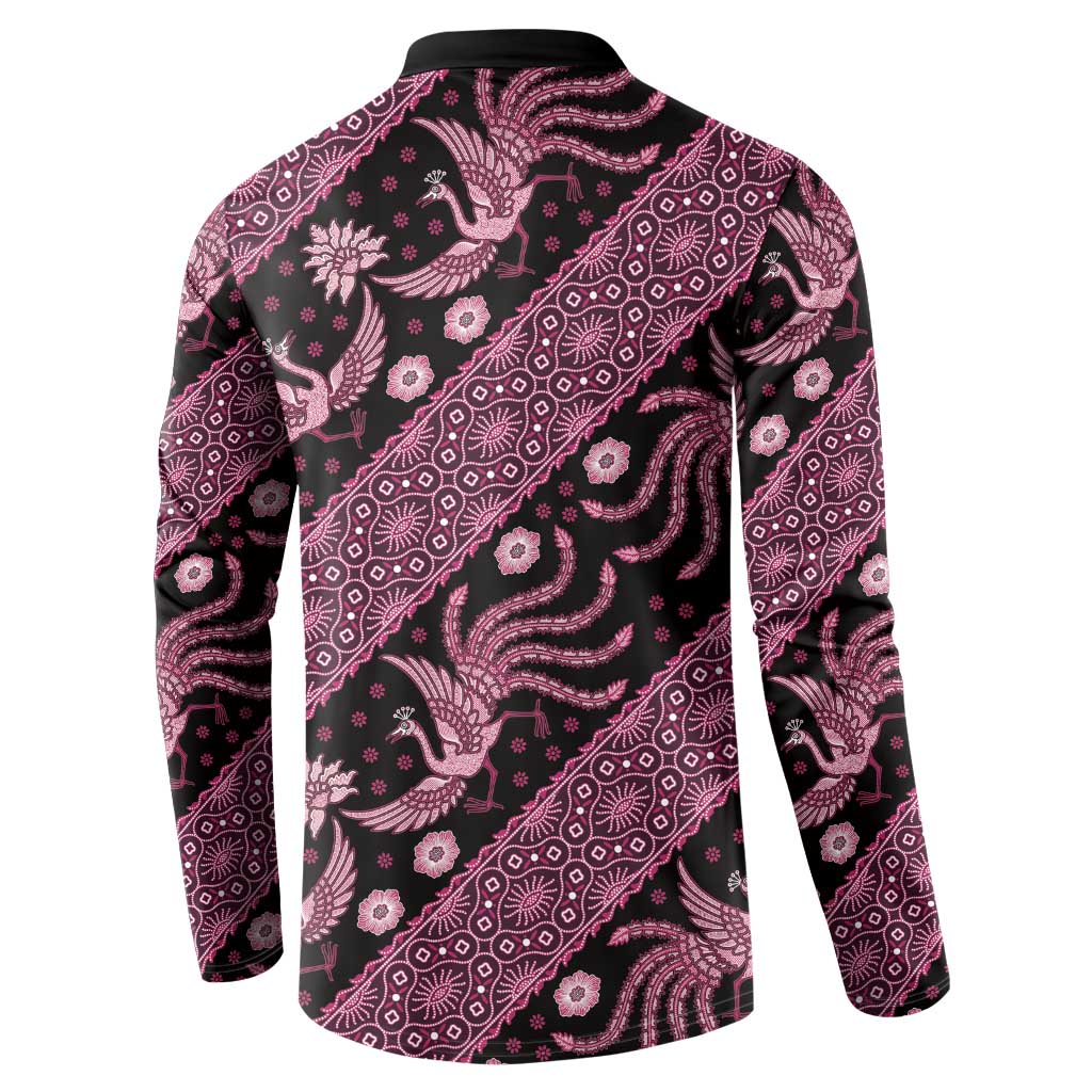 Pink-and-black batik button sweatshirt back view with long sleeves