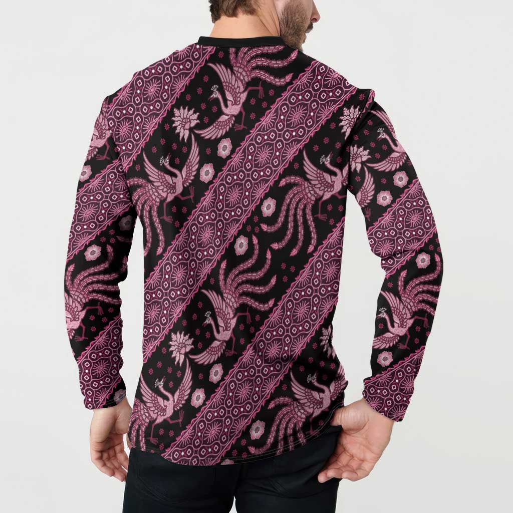 Pink-and-black batik button sweatshirt back view, long sleeves, curved hem