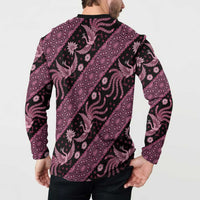 Pink-and-black batik button sweatshirt back view, long sleeves, curved hem