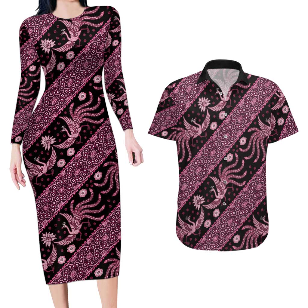 Indonesia Batik Pattern Couples Matching Long Sleeve Bodycon Dress and Hawaiian Shirt Pink Version - Wonder Print Shop