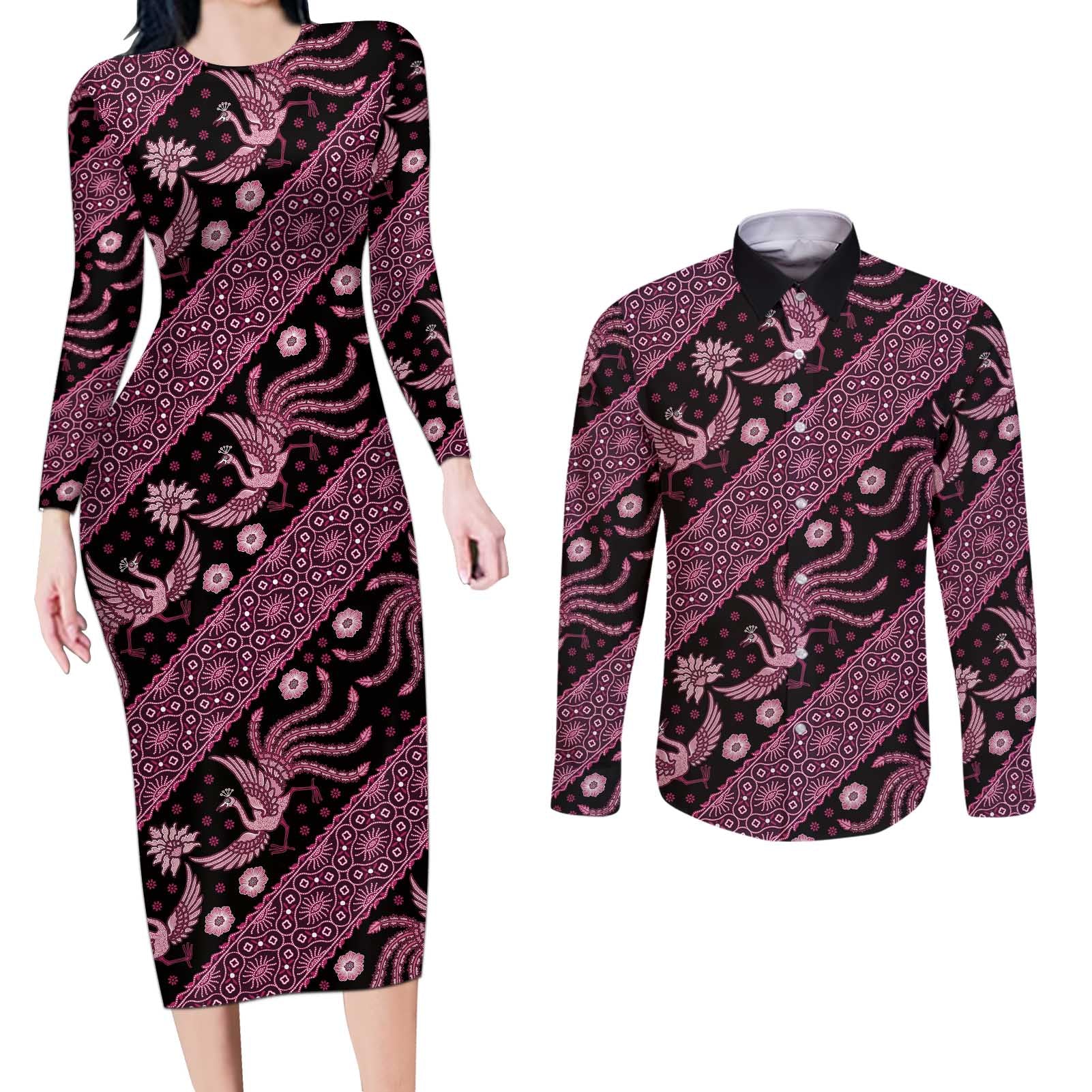 Indonesia Batik Pattern Couples Matching Long Sleeve Bodycon Dress and Long Sleeve Button Shirt Pink Version - Wonder Print Shop