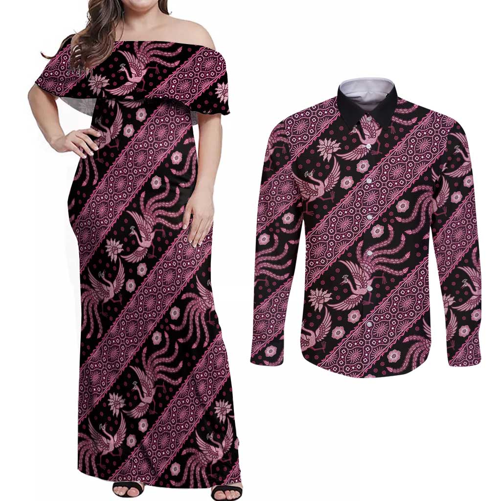 Indonesia Batik Pattern Couples Matching Off Shoulder Maxi Dress and Long Sleeve Button Shirt Pink Version - Wonder Print Shop