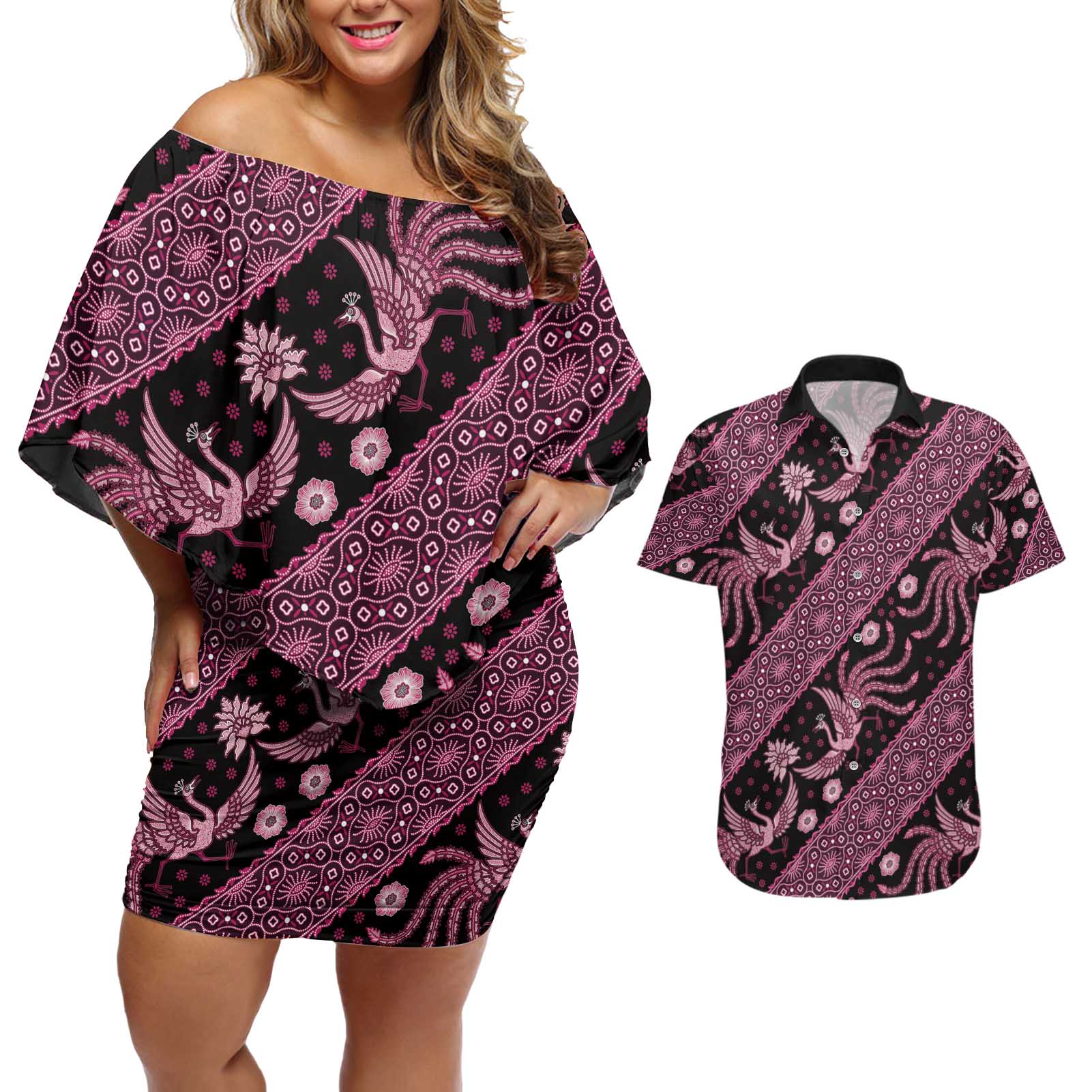 Indonesia Batik Pattern Couples Matching Off Shoulder Short Dress and Hawaiian Shirt Pink Version - Wonder Print Shop