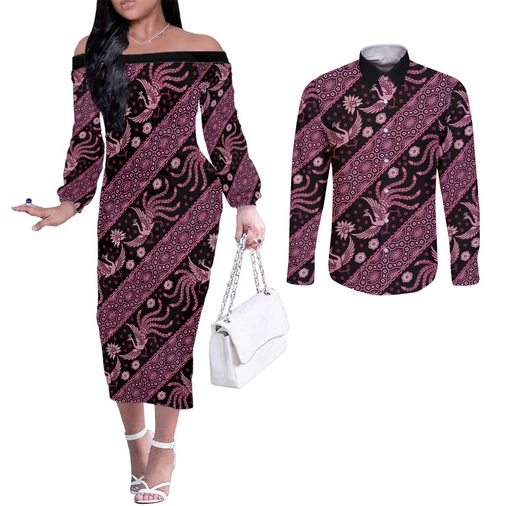 Indonesia Batik Pattern Couples Matching Off The Shoulder Long Sleeve Dress and Long Sleeve Button Shirt Pink Version